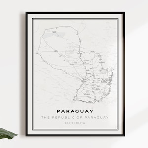 May include: A black and white map of Paraguay with the text "PARAGUAY THE REPUBLIC OF PARAGUAY 23.0°S | 58.0°W" at the bottom.