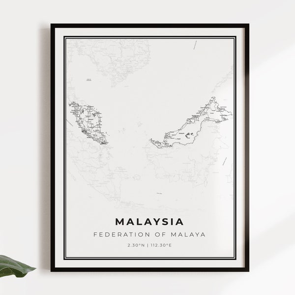 Malaysia map poster print, country street road map wall art, country prints, country map, C14-78