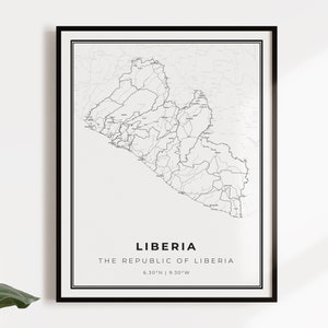 Liberia kaart poster print, land straat wegenkaart kunst aan de muur, land decor, land prenten, C14-72