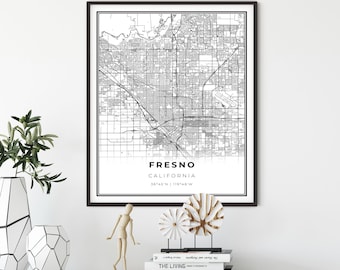 Fresno Map Print, California CA USA Map Art Poster, City Street Road Map Wall Decor,city map art, gift for husband, NM159