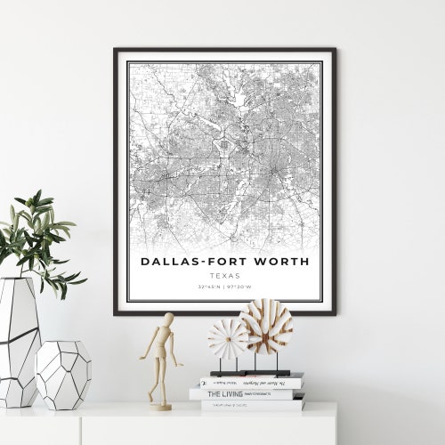 Dallasfort Worth DFW Map Print Texas TX USA Map Art Poster Etsy
