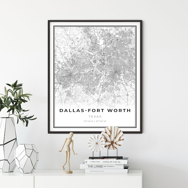 Dallas-Fort Worth DFW Map Print, Texas TX USA Map Art Poster, City Street Road Map Wall Decor, minimalist poster, gift anniversary, NM2