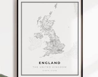 Engeland kaart poster print, land straat wegenkaart kunst aan de muur, land poster, land decor, C14-87