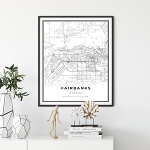 Fairbanks Map Print, Alaska AK USA Map Art Poster, North Star City Street Road Map Wall Decor, minimalistisch decor, cadeau voor mannen, NM23
