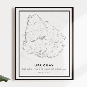 Kaartposterafdruk Uruguay, landwegenkaart kunst aan de muur, landdecor, landafdrukken, C14-135