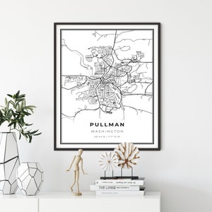 Op de afbeelding: Zwart-witte lijntekening kaartprint van Pullman, Washington. De kaart toont de straten van de stad en bevat de stadsnaam en de coördinaten: 46°44′N | 117°10'W.