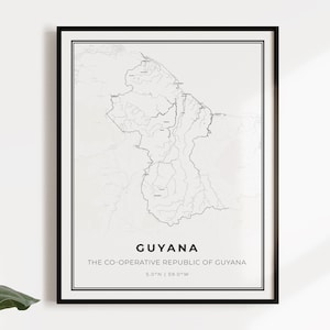 Guyana kaart poster print, land straat wegenkaart kunst aan de muur, land prints, landkaart, C14-50