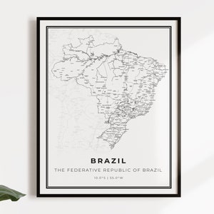 Brazil map poster print, country street road map wall art, country gifts, country poster, C14-18