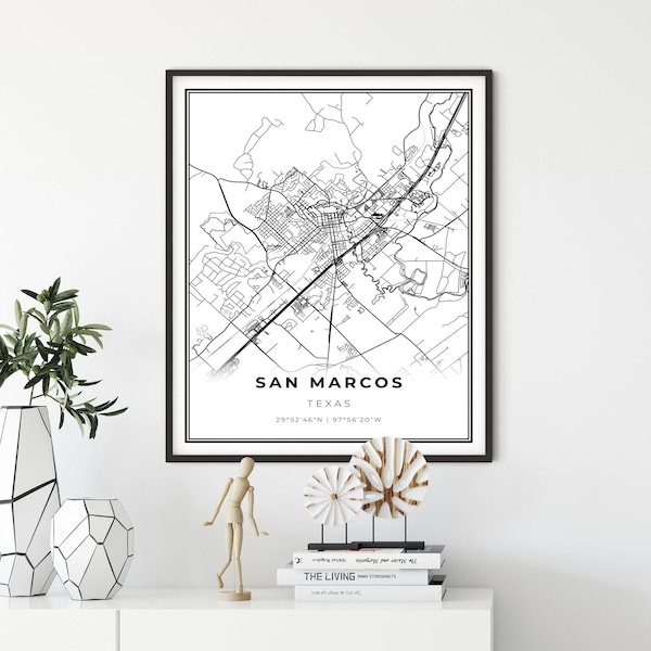 San Marcos Map Print, Texas USA Map Art Poster, TX United States Street City Road Map Wall Decor,office idea, gift for girlfriend, NM289