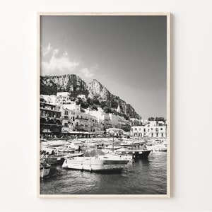 May include: Black and white photograph of a harbor with boats docked in front of a town built into a cliffside.