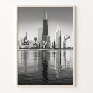 Chicago skyline print, zwart-witte muurkunst, Chicago poster, stadsgezicht foto, Chicago decor, Illinois, VS, C19-112
