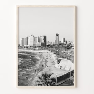 Tel Aviv skyline print, zwart-witte muurkunst, Tel Aviv poster, Israël muur decor, Tel Aviv foto, תל אביב ישראל, C19-236