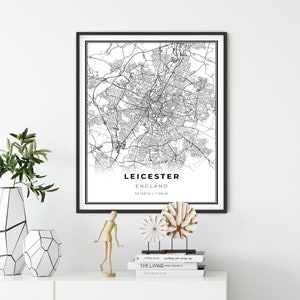 Leicester kaartafdruk, Engeland Verenigd Koninkrijk VK, stadskaart kunst aan de muur, minimal art, cadeau beste vriend, NM435