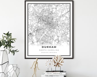 Stampa della mappa di Durham, Poster artistico della mappa della Carolina del Nord NC USA, decorazione della parete della mappa stradale della città, arte murale minimalista, regalo per lo zio, NM346