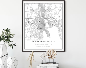 New Bedford Map Print, Massachusetts MA USA Map Art Poster, City Street Road Map Wall Decor,bedroom wall prints, gift for office, NM209