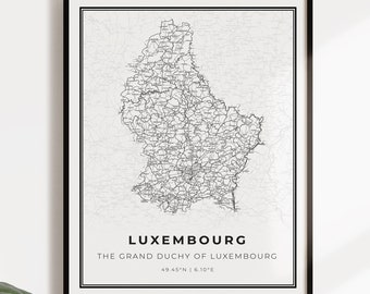 Stampa del poster della mappa del Lussemburgo, arte della parete della mappa stradale della strada di campagna, mappa del paese, regali di campagna, C14-75