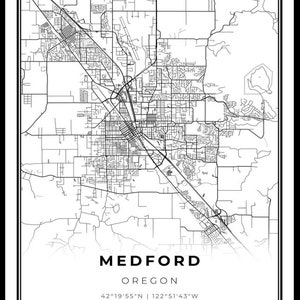 Medford Map Print, Oregon OR USA Map Art Poster, City Street Road Map Wall Decor,minimal Art ...
