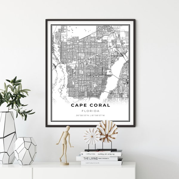 Cape Coral Map Print, Florida FL USA Map Art Poster, City Street Road Map Wall Decor,dining room art, gift for a loved one, NM309