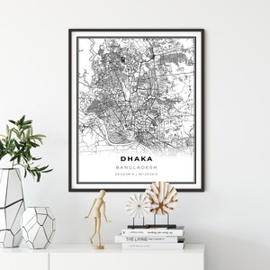 Dhaka kaart print, Bangladesh kaart art poster, Dacca, City street road map kunst aan de muur, Scandinavische kaart, NM856