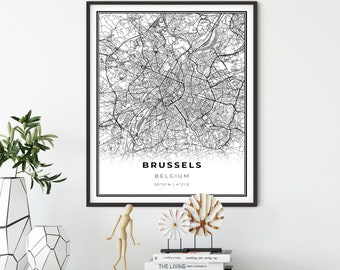 Brussels Map Print, Belgium Map Art Poster, Bruxelles Brussel, City street road map wall art, entryway wall art, NM730