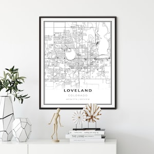 Loveland-kaartafdruk, Colorado CO USA kaart kunstposter, Larimer County City wegenkaart wanddecoratie, cadeau kantoormanager, cadeau voor een man, NM291
