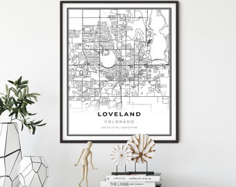 Loveland Map Print, Colorado CO USA Map Art Poster, Larimer County City Road Map Wall Decor, regalo del direttore dell'ufficio, regalo per un uomo, NM291