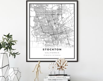 Stockton Map Print, California CA USA Map Art Poster, City Street Road Map Wall Decor, stampa d'arte soggiorno, regalo per un medico, NM302