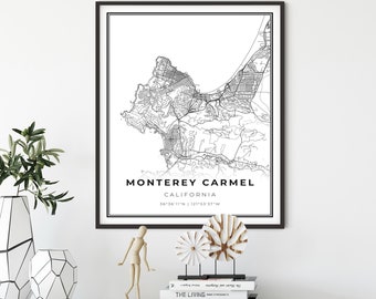 Monterey And Carmel Map Print, California CA USA Map Art Poster, City Road Map Wall Decor,map wall art print, gift kitchen decor, NM366