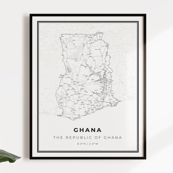Ghana kaart poster print, land straat wegenkaart kunst aan de muur, land poster, land decor, C14-45