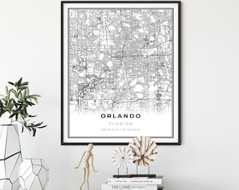 Orlando Map Print, Florida FL USA Map Art Poster, City Street Road Map Wall Decor,travel art, gift girl, NM350