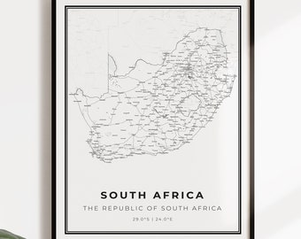 South Africa map poster print, country street road map wall art, country poster, country decor, C14-115