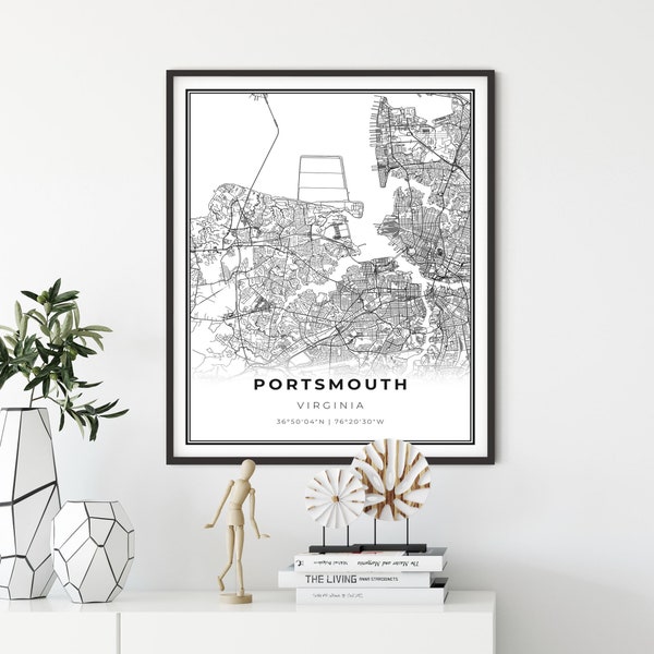 Portsmouth Map Print, Virginia VA USA Map Art Poster, City Street Road Map Wall Decor,hometown map, gift for a mom, NM35