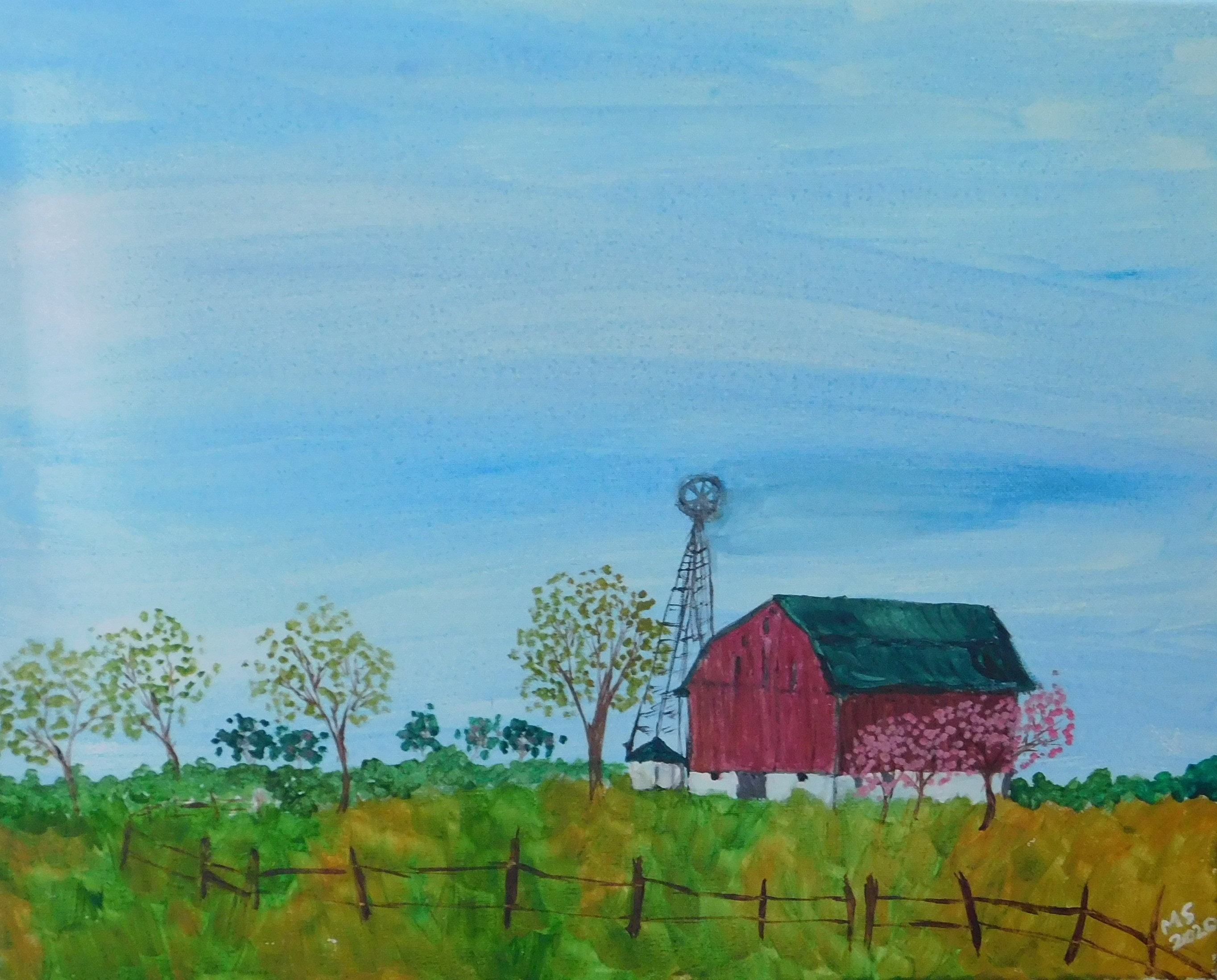 Red Barn in Spring Landscape Painting