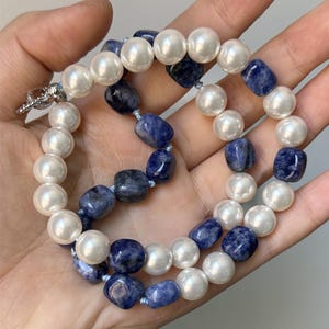 Natural Lapis Lazuli Hand Knotted Gemstone Necklace,Silk-Knotted Gem Beaded Choker With Pearls