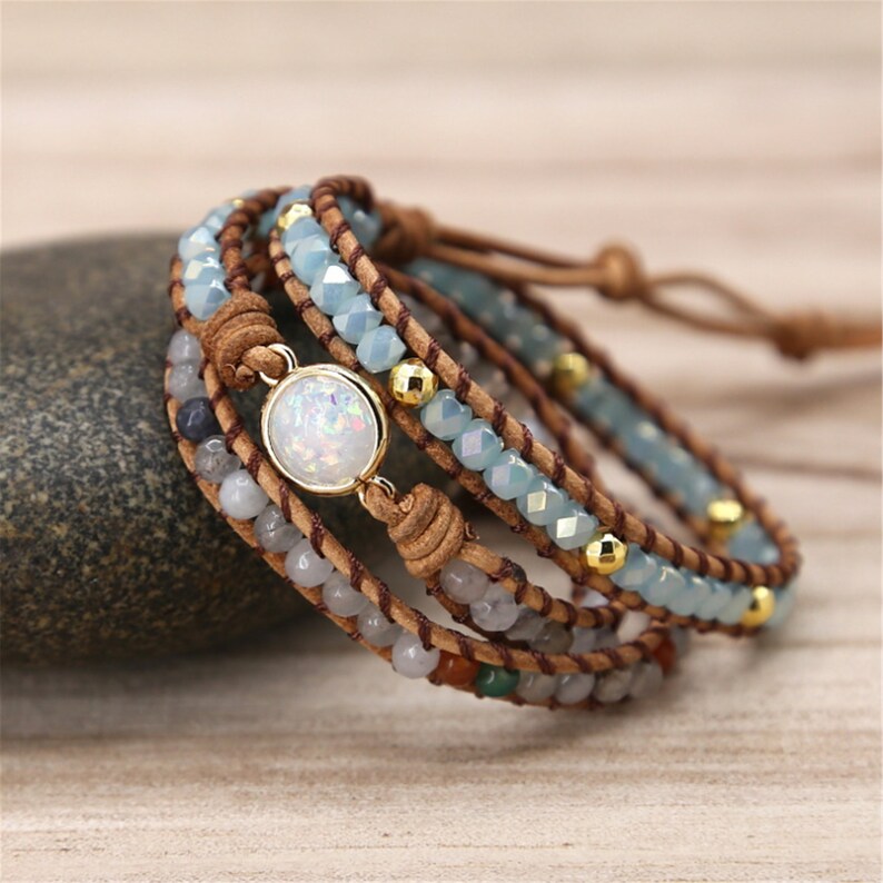 Multi-layer Natural Stone Bracelet,Healing Gemstone Bracelet,Natural Stone Bracelet,Healing Crystals Bracelet,Leathe Wraps Bracelet Gift