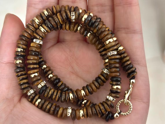 Handmade Tiger's Eye Gemstone Necklace, Gold Beads