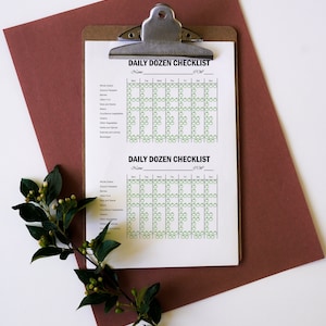 Puede incluir: Un portapapeles de madera marrón con dos hojas de papel blanco tituladas Daily Dozen Checklist, que presentan una cuadrícula con iconos de manzanas verdes para registrar hábitos diarios, junto a una rama verde con bayas.