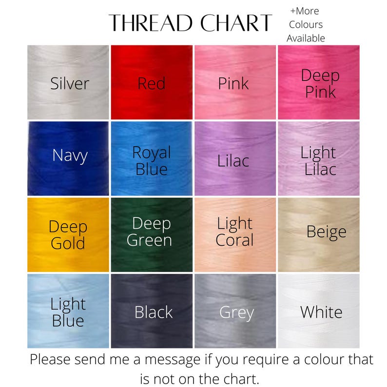 May include: Thread chart with color swatches for embroidery floss. Colors include silver, red, pink, deep pink, navy, royal blue, lilac, light lilac, deep gold, deep green, light coral, beige, light blue, black, grey, and white.  +More Colors Available.