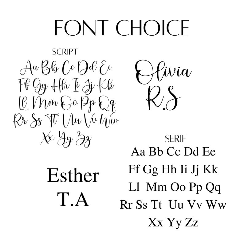 May include: Image showing two different font styles, script and serif. The script font shows the alphabet in lowercase letters. The serif font shows the alphabet in lowercase letters. The words "Olivia R.S" are written in script font. The words "Esther T.A" are written in serif font.