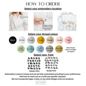 May include: Image showing options for personalized embroidery on clothing. Includes thread color choices like black, white, gold, and pink, plus font styles. Text reads "How to Order" and "Select your embroidery location."