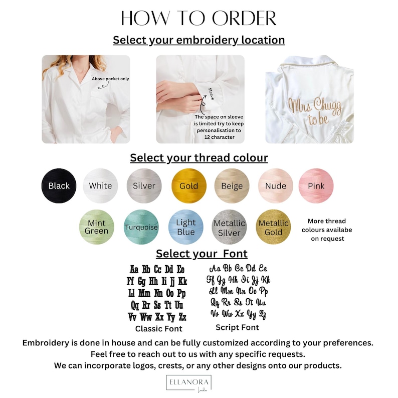 May include: Image showing options for personalized embroidery on clothing. Includes thread color choices like black, white, gold, and pink, plus font styles. Text reads "How to Order" and "Select your embroidery location."