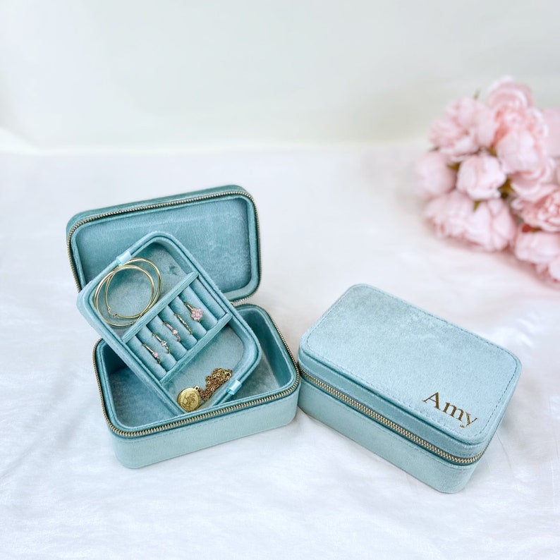 Personalisierte Samt Reise Schmuckbox: Goldfolie Hardware Mint Green