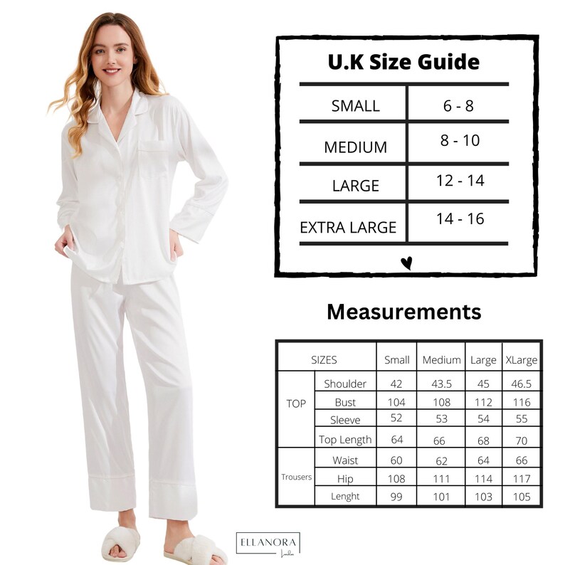 May include: A woman wearing a white pajama set with a collared button-down shirt and matching pants. The image includes a U.K. size guide and measurements in centimeters for the top and trousers. The pajama set is made of a soft, comfortable material.