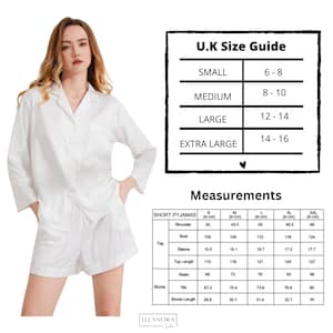 May include: White satin pajama set with a collared, long-sleeve top and matching shorts. The image includes a U.K. size guide and measurements in centimeters. The model is wearing the pajama set. The brand name "ELLANORA" is at the bottom.