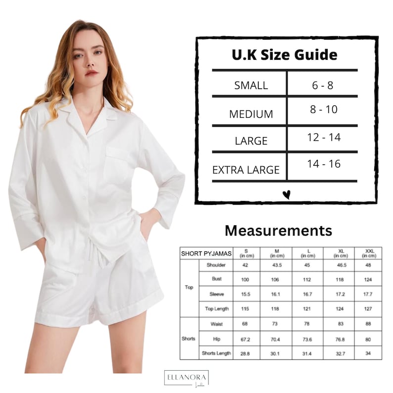 May include: White satin pajama set with a collared, long-sleeve top and matching shorts. The image includes a U.K. size guide and measurements in centimeters. The model is wearing the pajama set. The brand name "ELLANORA" is at the bottom.