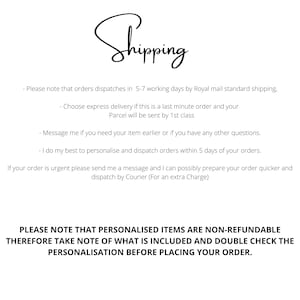May include: White background with the word "Shipping" in elegant cursive script. Additional text below details order dispatch times, express delivery options, and personalized item policies.