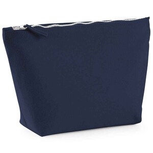 May include: A dark blue zippered pouch or cosmetic bag made of a soft, textured fabric.