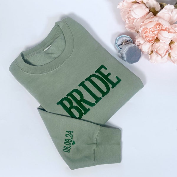 Personalised Dusty Green Bride Jumper With Sleeve Embroidery | Bride Sweat shirt  | Embroidered Bride Jumper | Bride Sweater