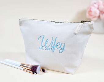 Personalized Bride Makeup Bag: Something Blue Cotton Canvas Cosmetic Bag