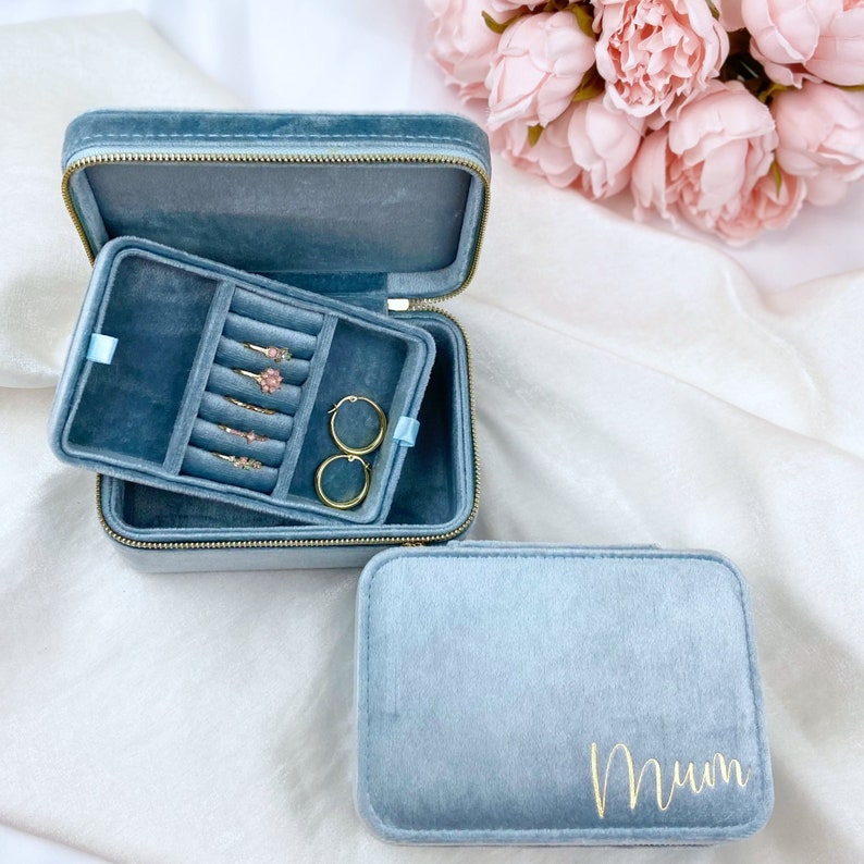 Personalisierte Samt Reise Schmuckbox: Goldfolie Hardware Powder blue